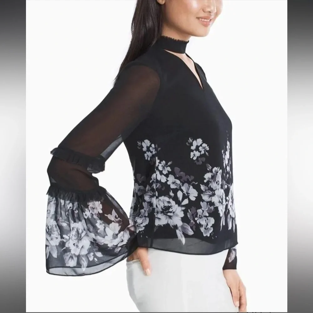 White House Black Market Blouse Size 8 Black White Floral Choker Chiffon Lined